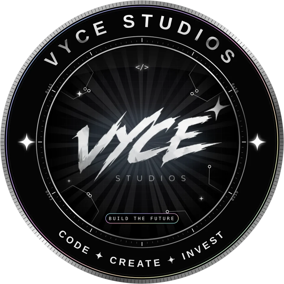 The Vyce Studios coin, engraved with Code, Create, Invest and Build the future.